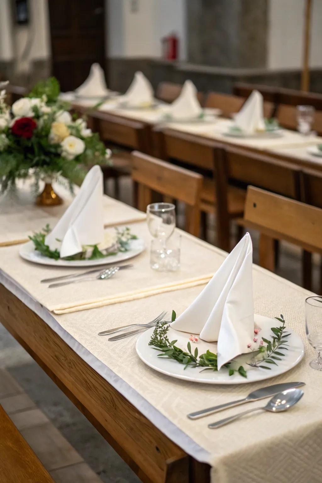Elegant serviette styling introduces a refined feature to dining settings.