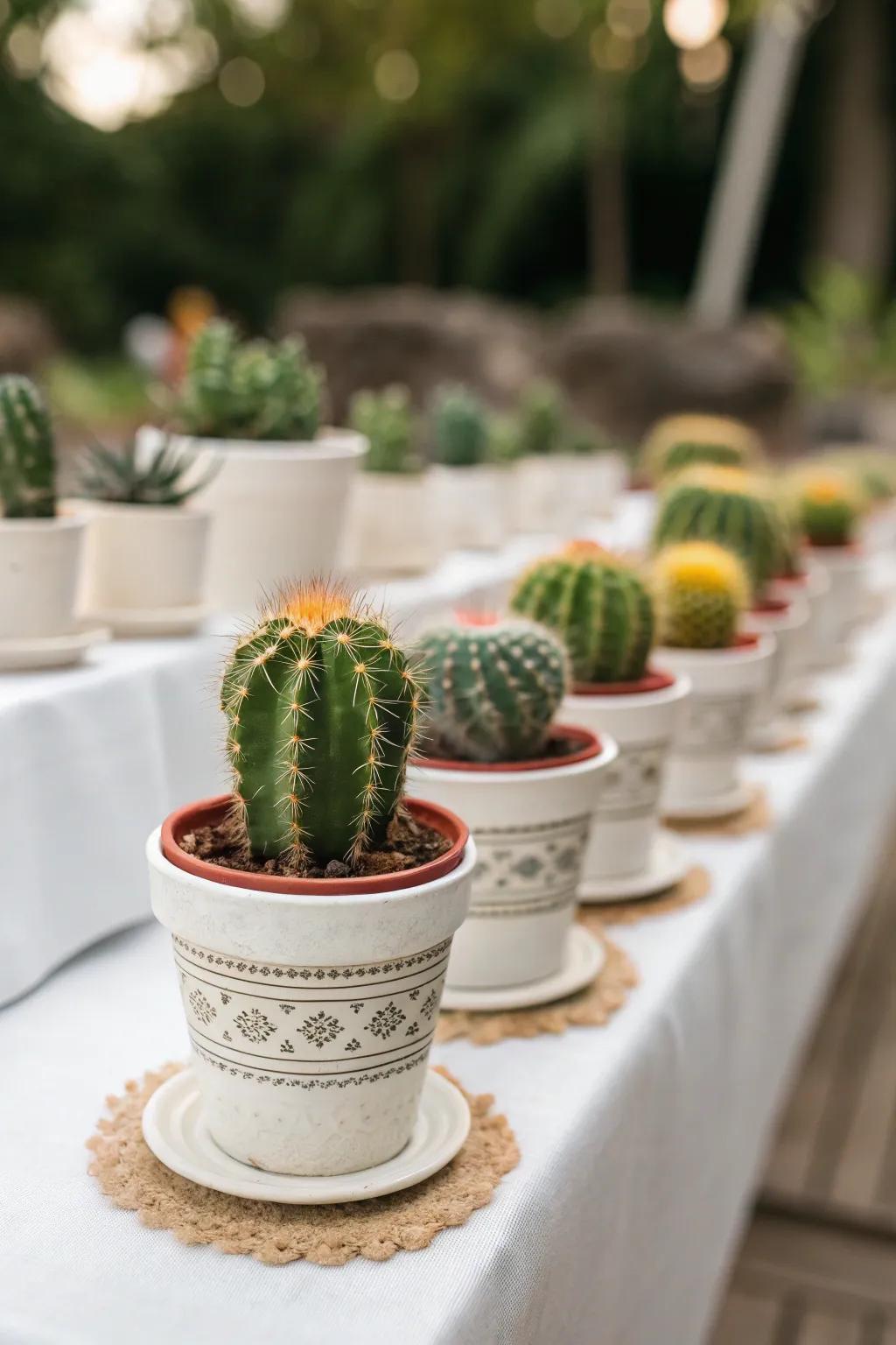 Thorny plant centerpieces bring a natural component to the party's aesthetic.