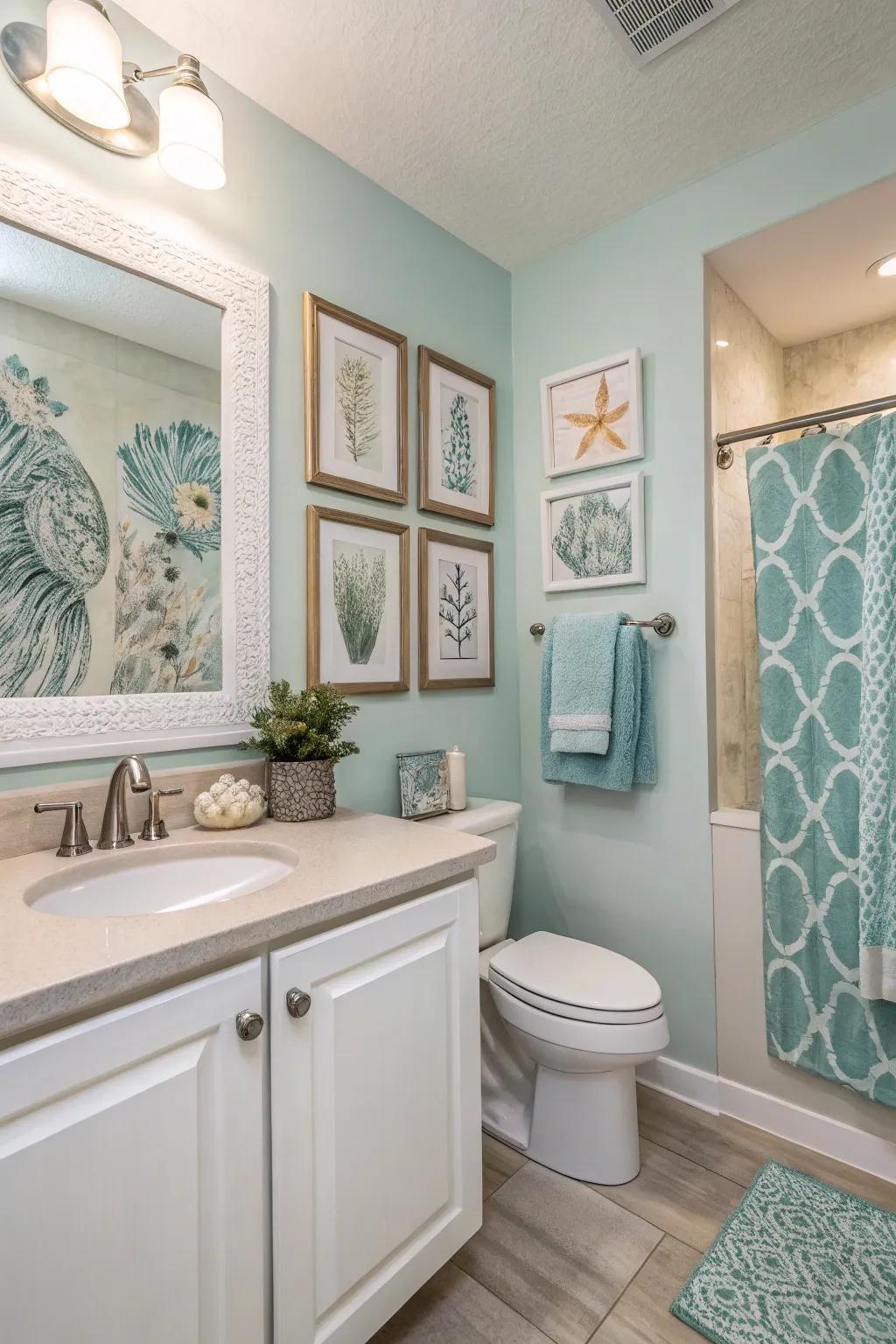 A bathroom where wall art perfectly integrates with the present color scheme.