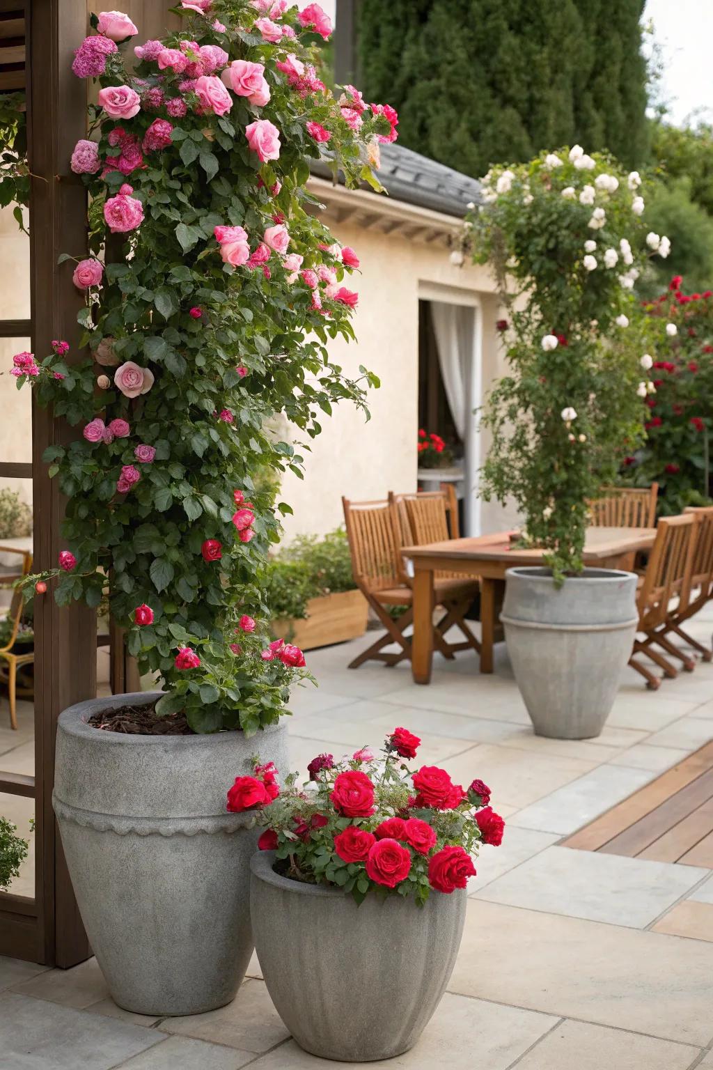Introduce seasonal flair to patios using container-grown climbing roses.