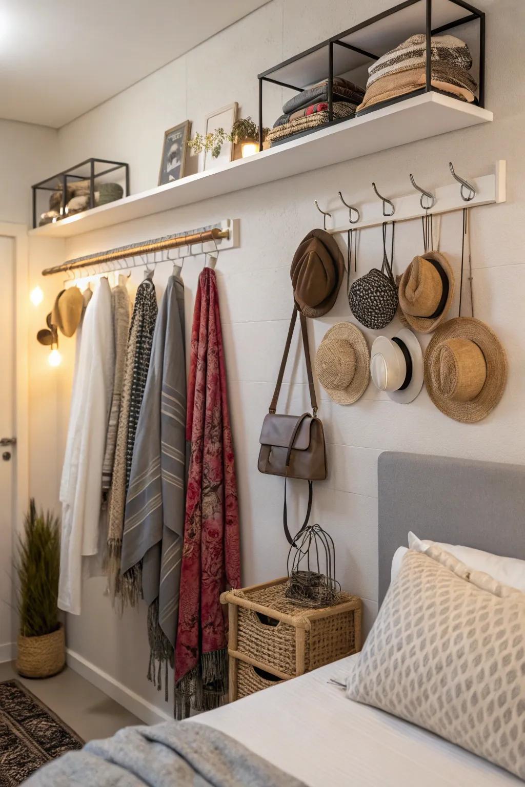Wall-mounted storage optimizes vertical space efficiently.