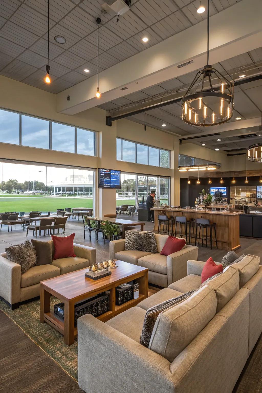 Multiuse zones for event hosting and relaxation in a clubhouse.