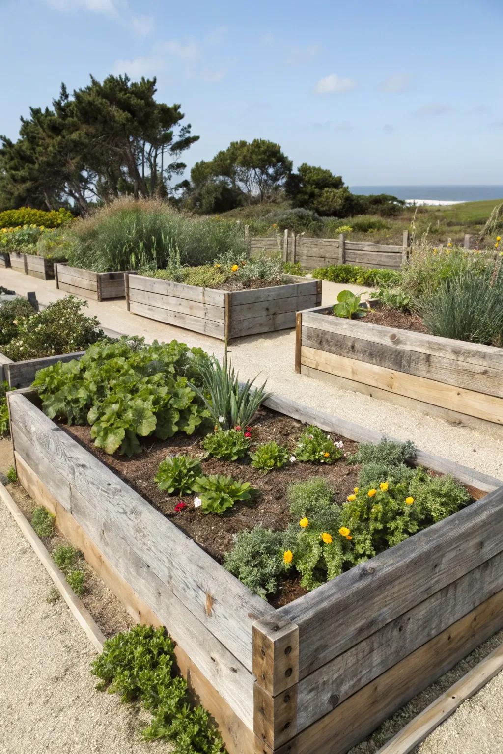 Elevated plots offer organization and flair in coastal gardens.