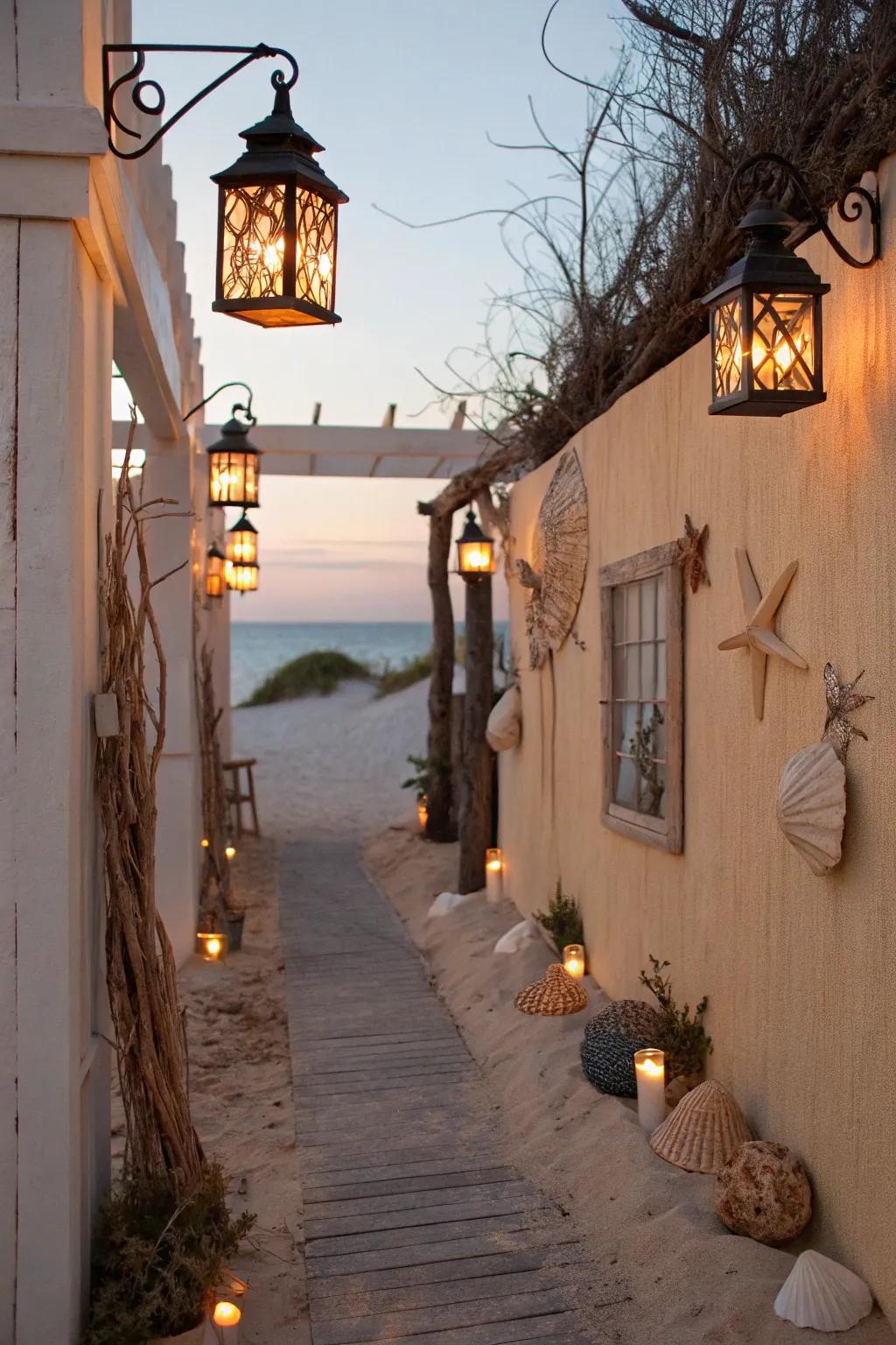 Beach lanterns design a welcoming coastal ambiance.