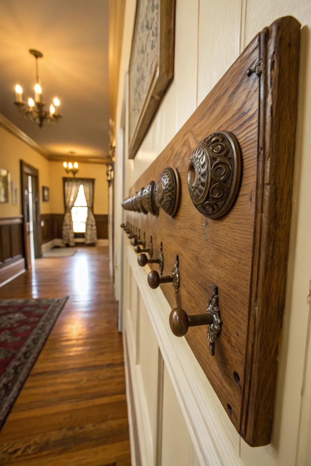 A coat rack crafted from aged grips, suitable for a sentimental element.