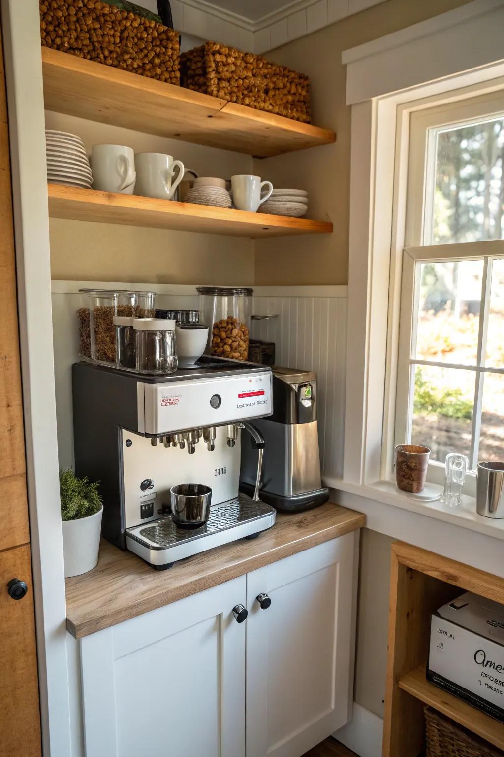 A compact coffee bar creatively set up in a kitchen space.