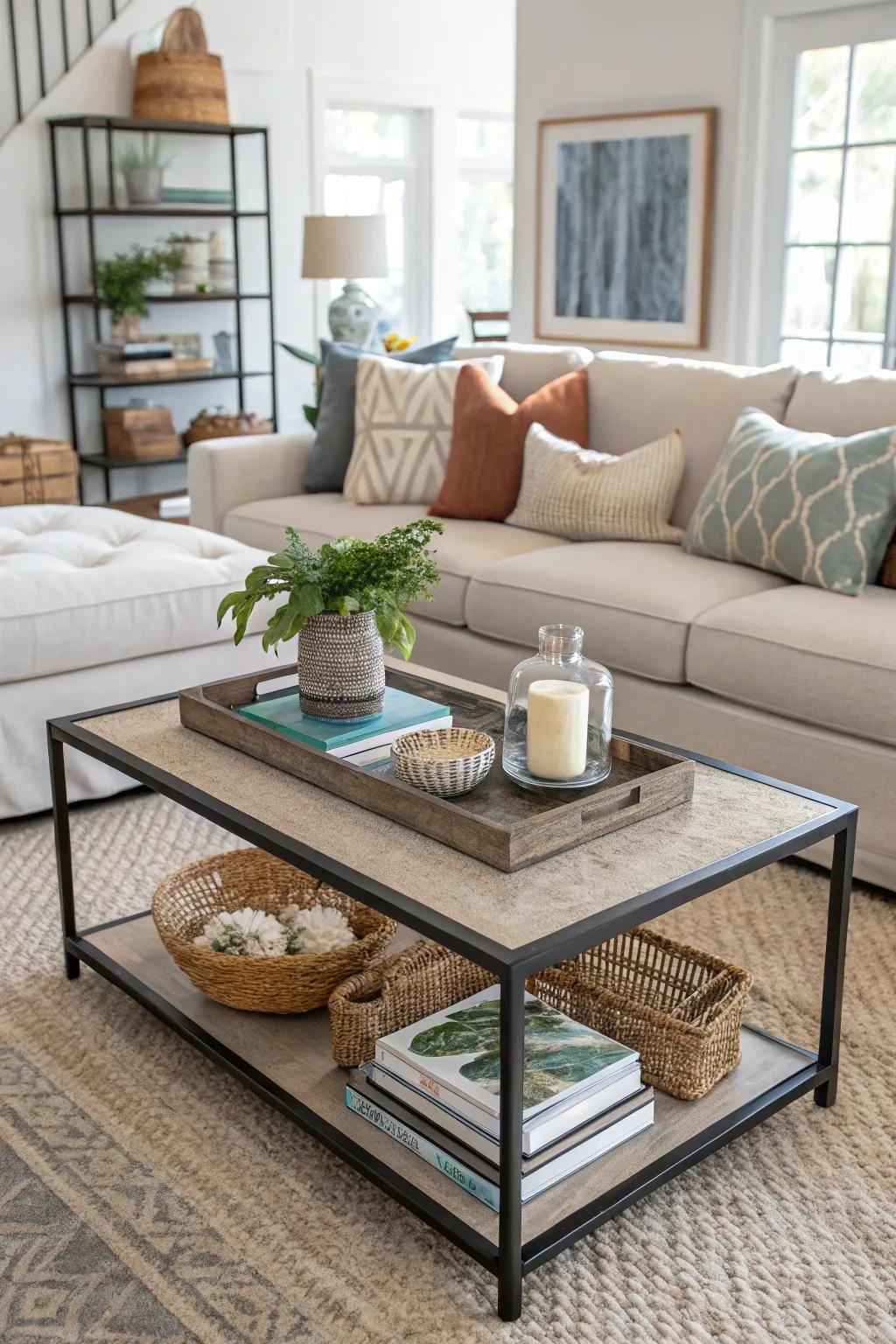 A tiered center table offers a variety of styles and functions.