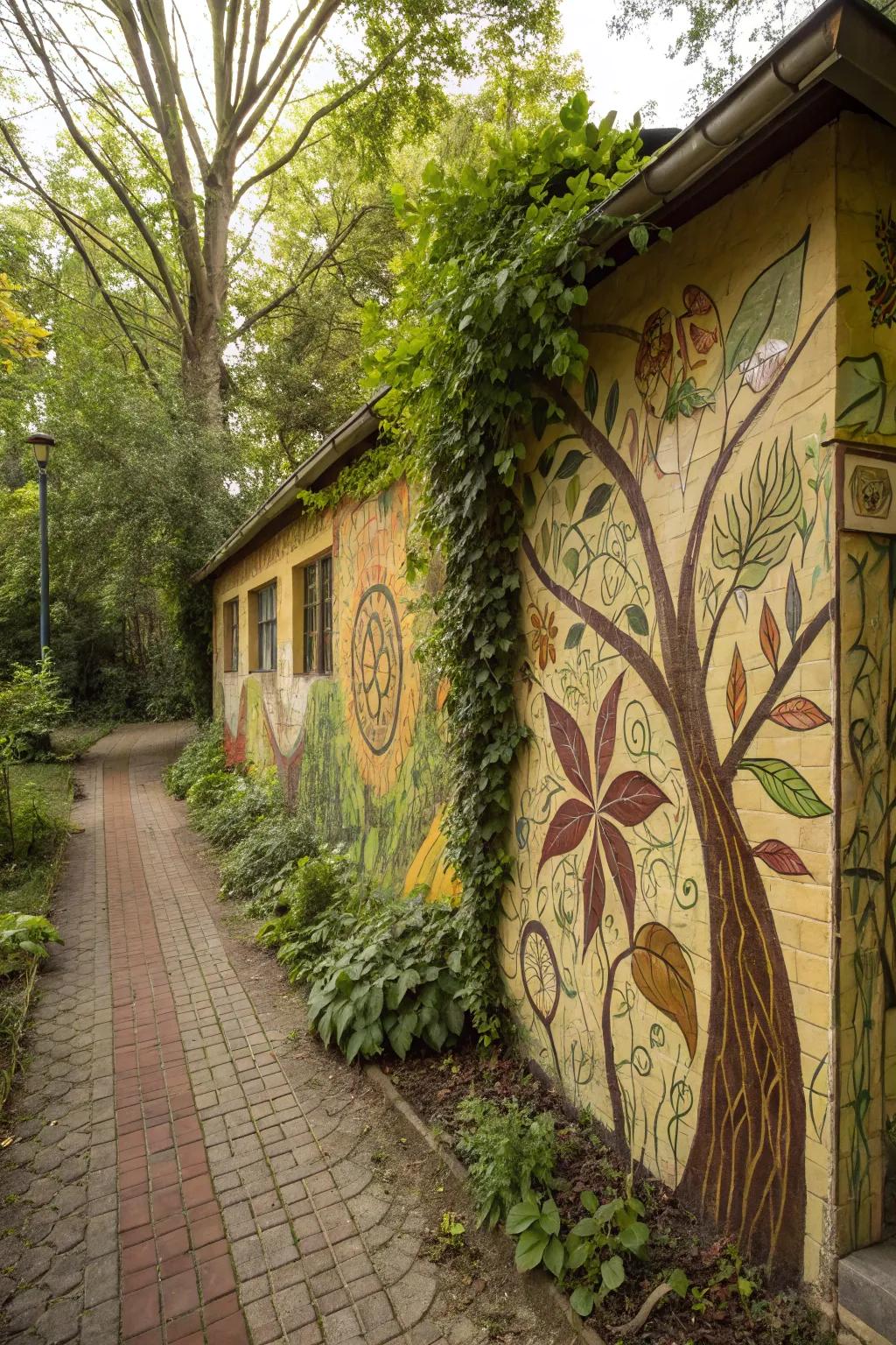 A garden area wall featuring nature-inspired graffiti with earthy tones.