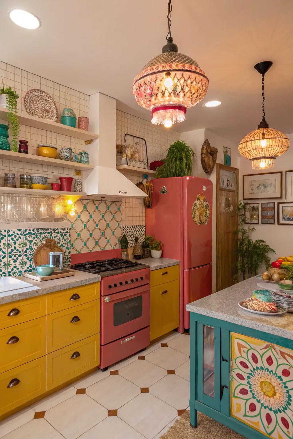 Unique illumination pieces impart an artistic touch to the cooking area.