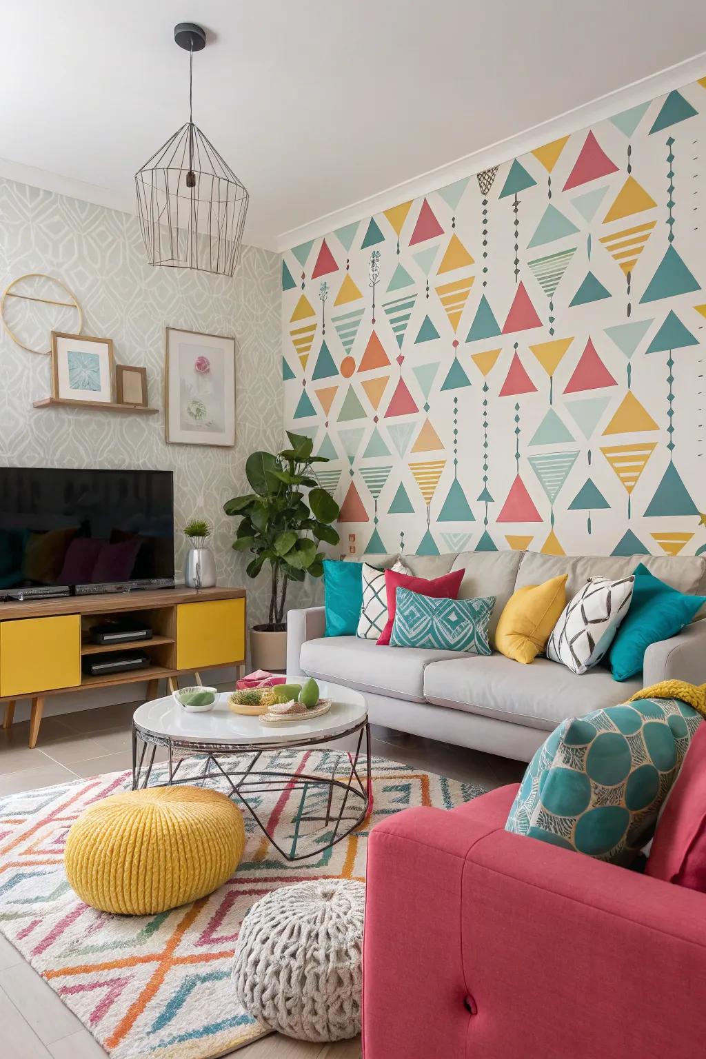 Playful geometric patterns introduce visual intrigue to this contemporary and lively living space.