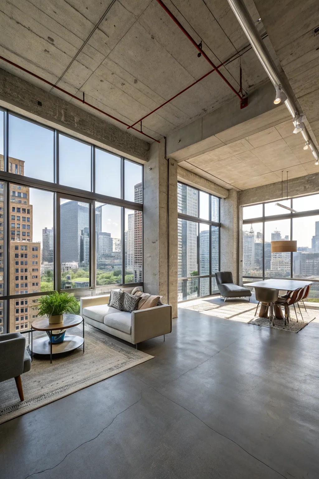 Loft-style apartment featuring concrete flooring and expansive windows.
