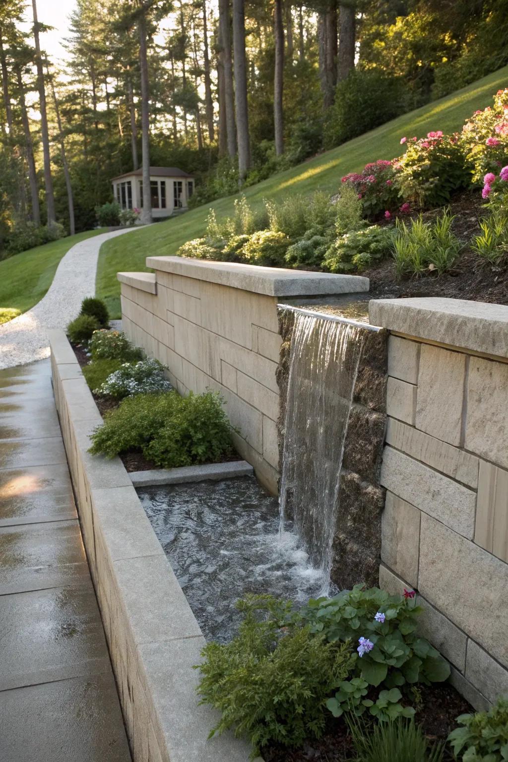 Hydrological features infuse tranquility and beauty into retaining structures.