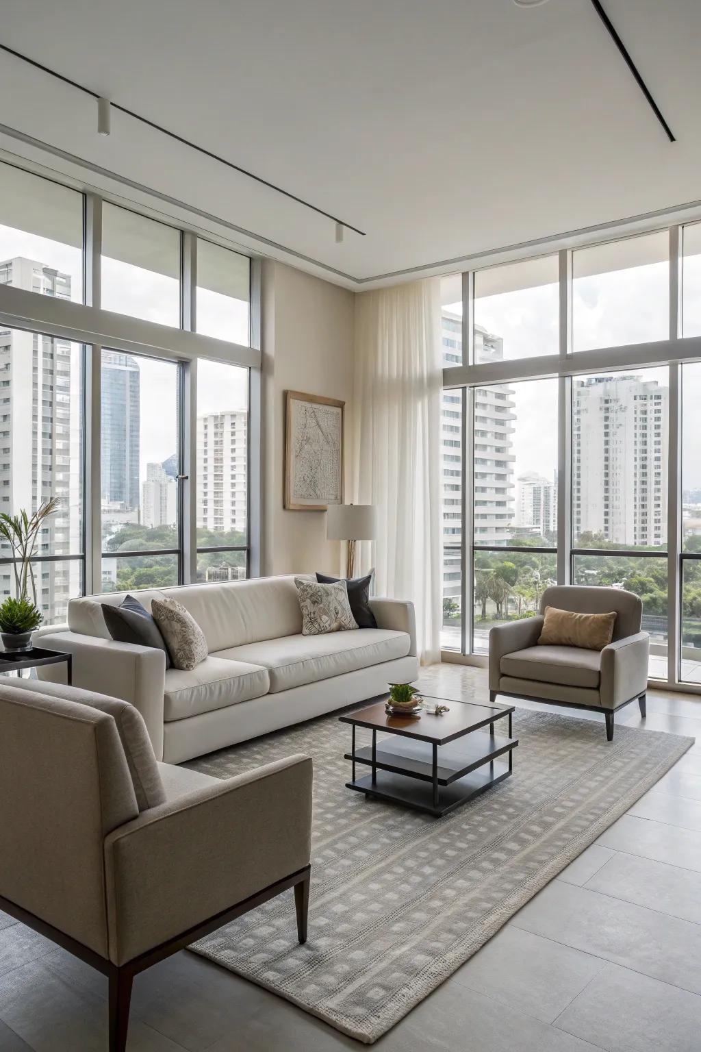 Sleek furniture keeping openness in a condo living space.