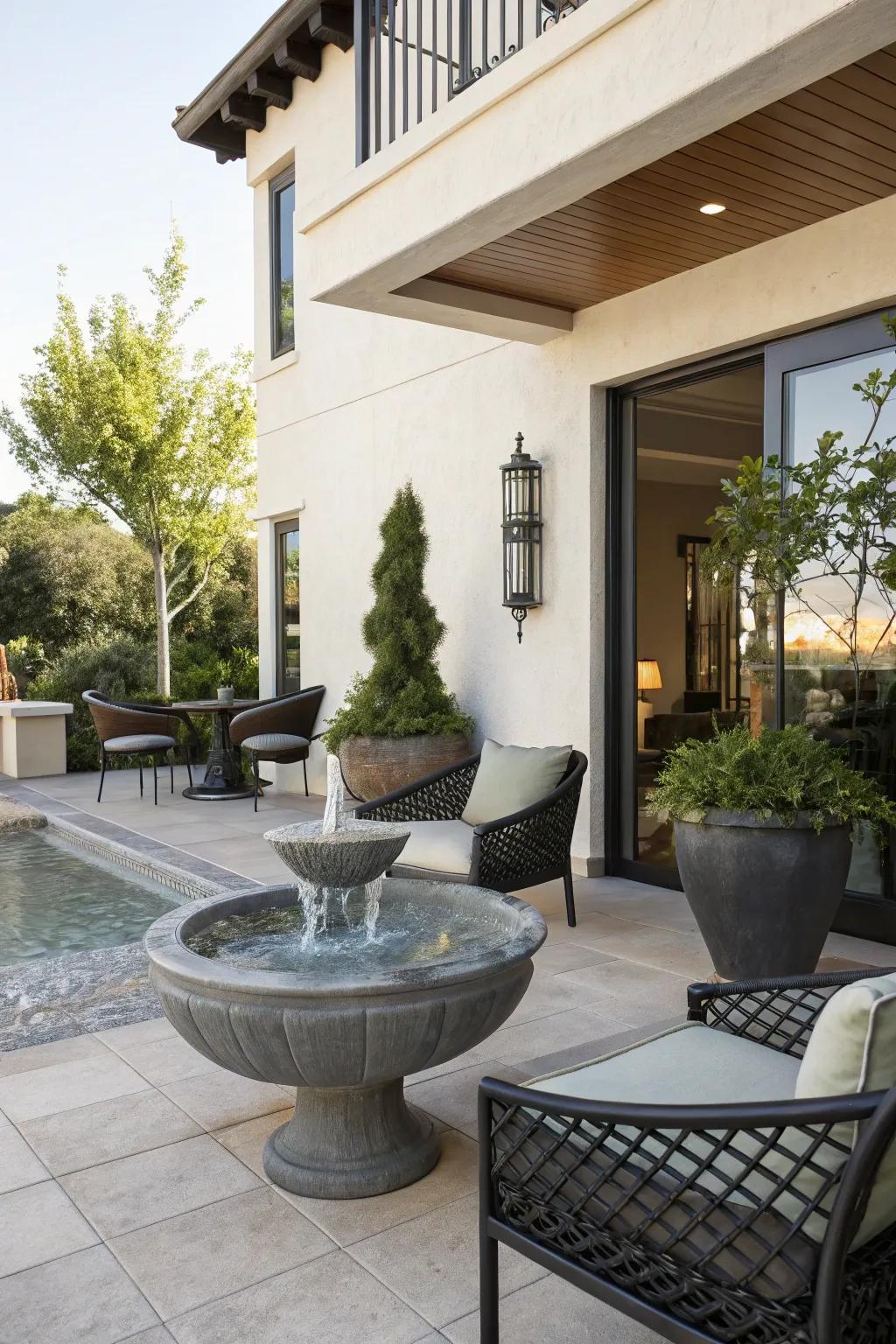 A water feature bringing a peaceful touch to a modern patio.
