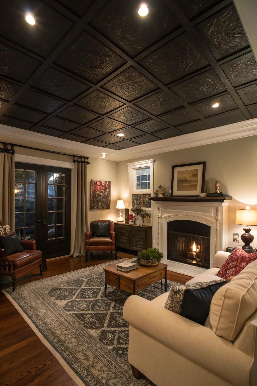 Rooms with high ceilings feel warm and intimate because of the dark ceiling.