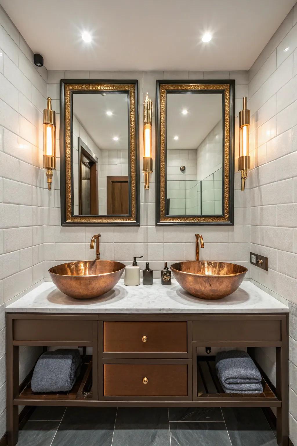 Symmetry is key in this bathroom, with the copper sink as the central focus.
