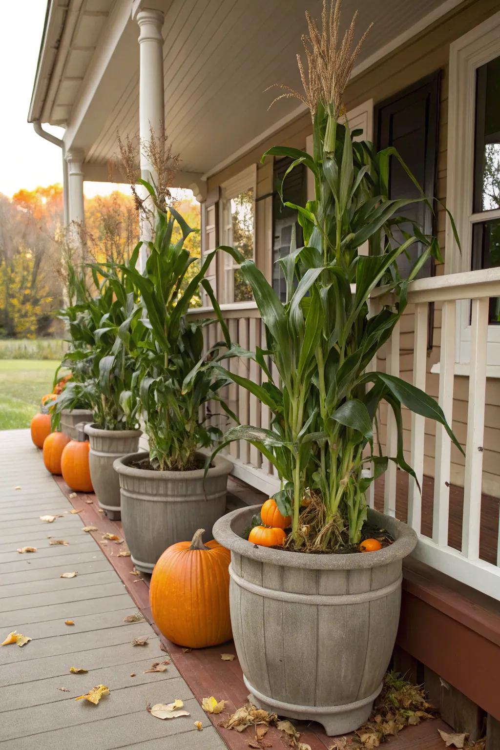 Concoct an eye-catching outdoor arrangement using corn stalks and gourds.