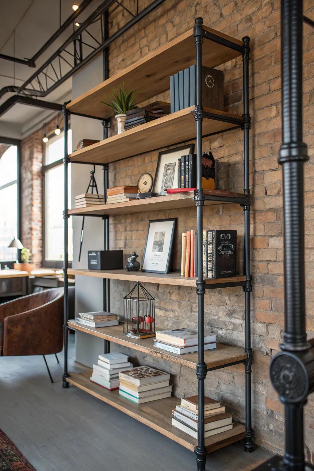 Industrial pipe shelves introduce a singular, urban appearance.