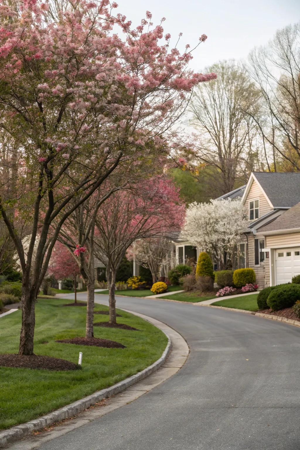 Ornamental trees adding height and seasonal beauty to a driveway.