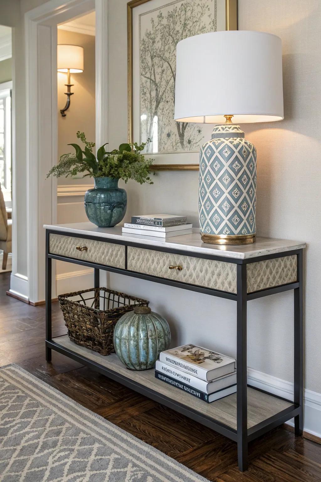 Elevate corners with a streamlined console table for added storage and style.
