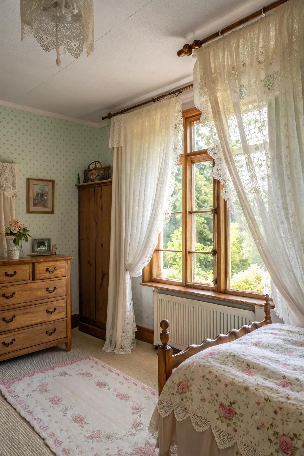 Antique details such as lace borders enrich charm and nostalgia.