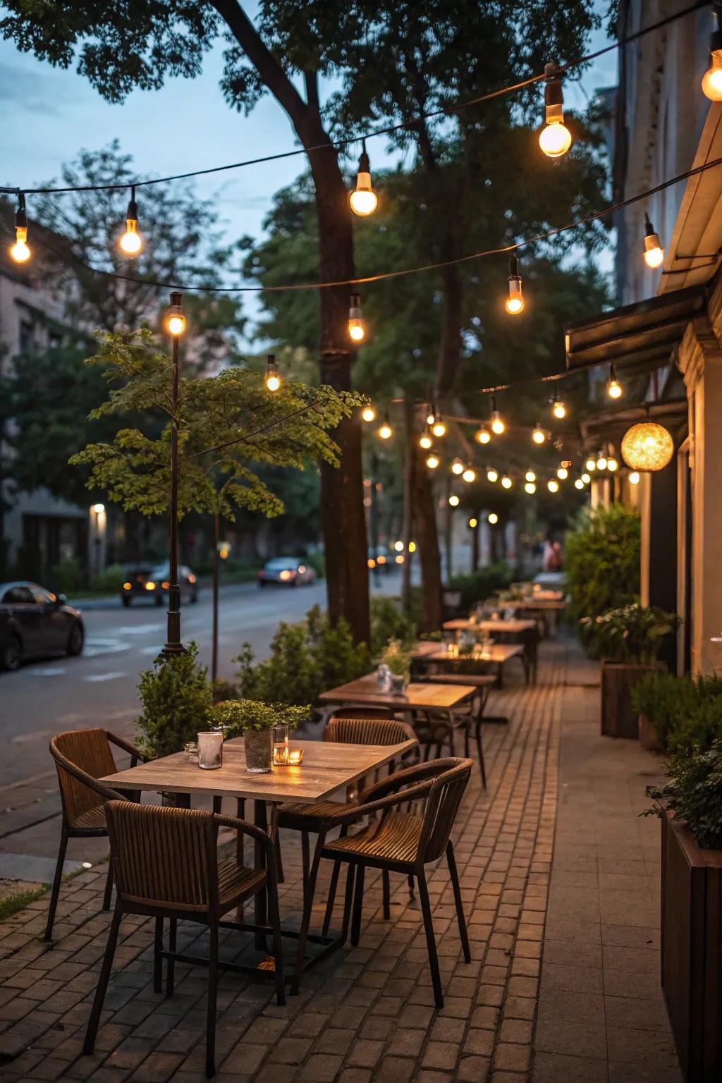 An inviting outdoor dining area with hanging bulbs.