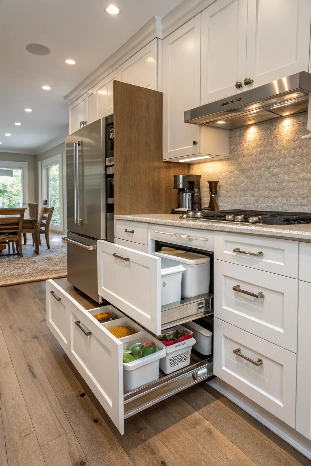 Ingenious concealed storage solutions within end treatments for a clutter-free kitchen.