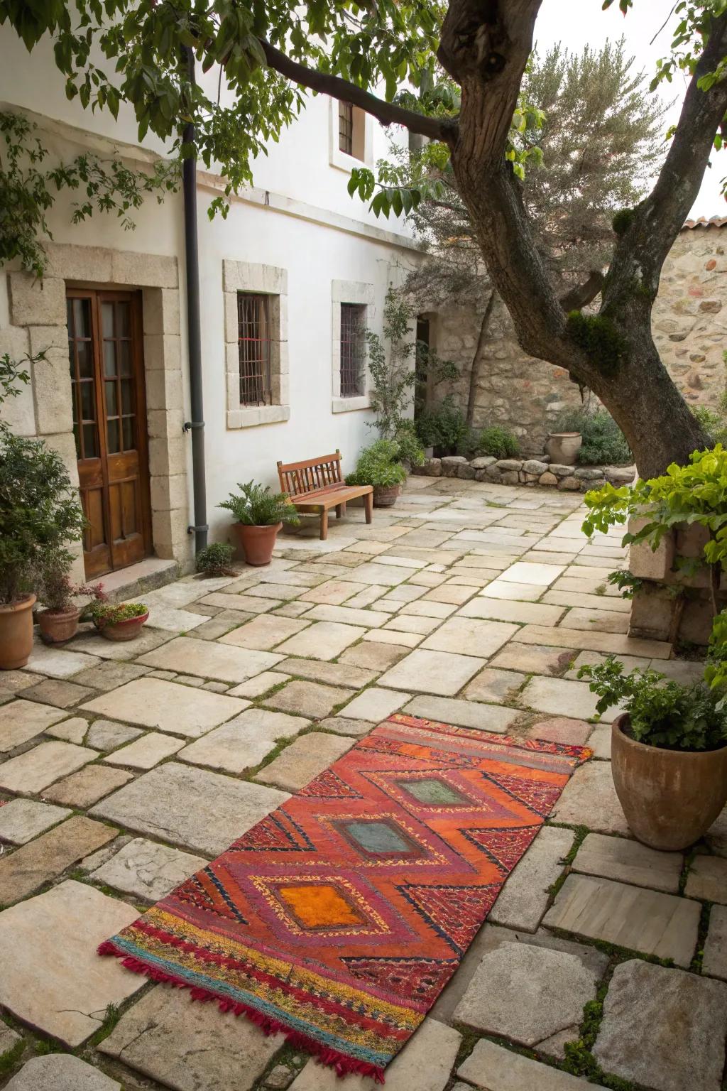 Employ outdoor rugs to foster a comfortable ambiance on your courtyard hardscaping.