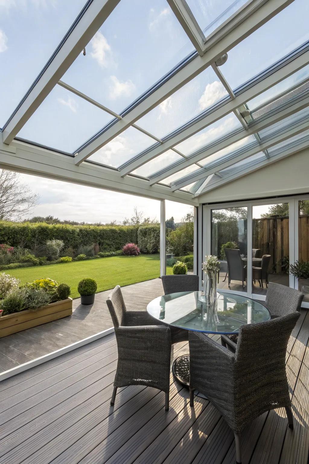 A glass cover offers protection while preserving a connection with the outdoors.