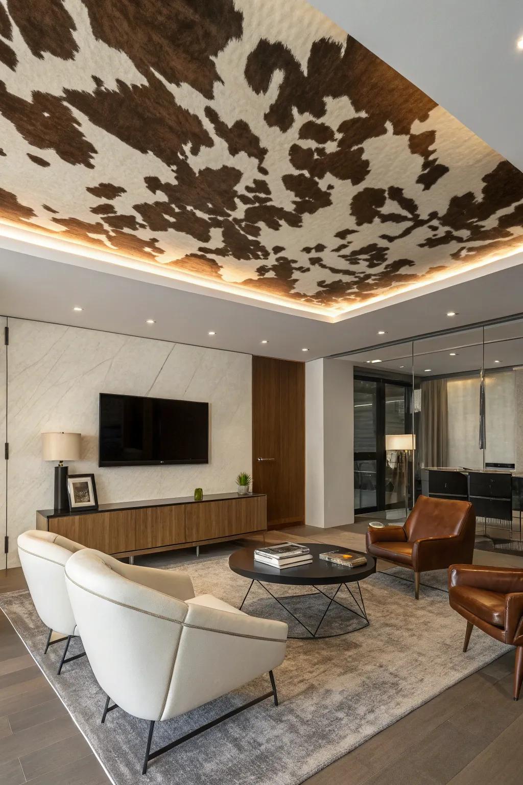 A unique ceiling accent using animal hide for an unexpected touch.