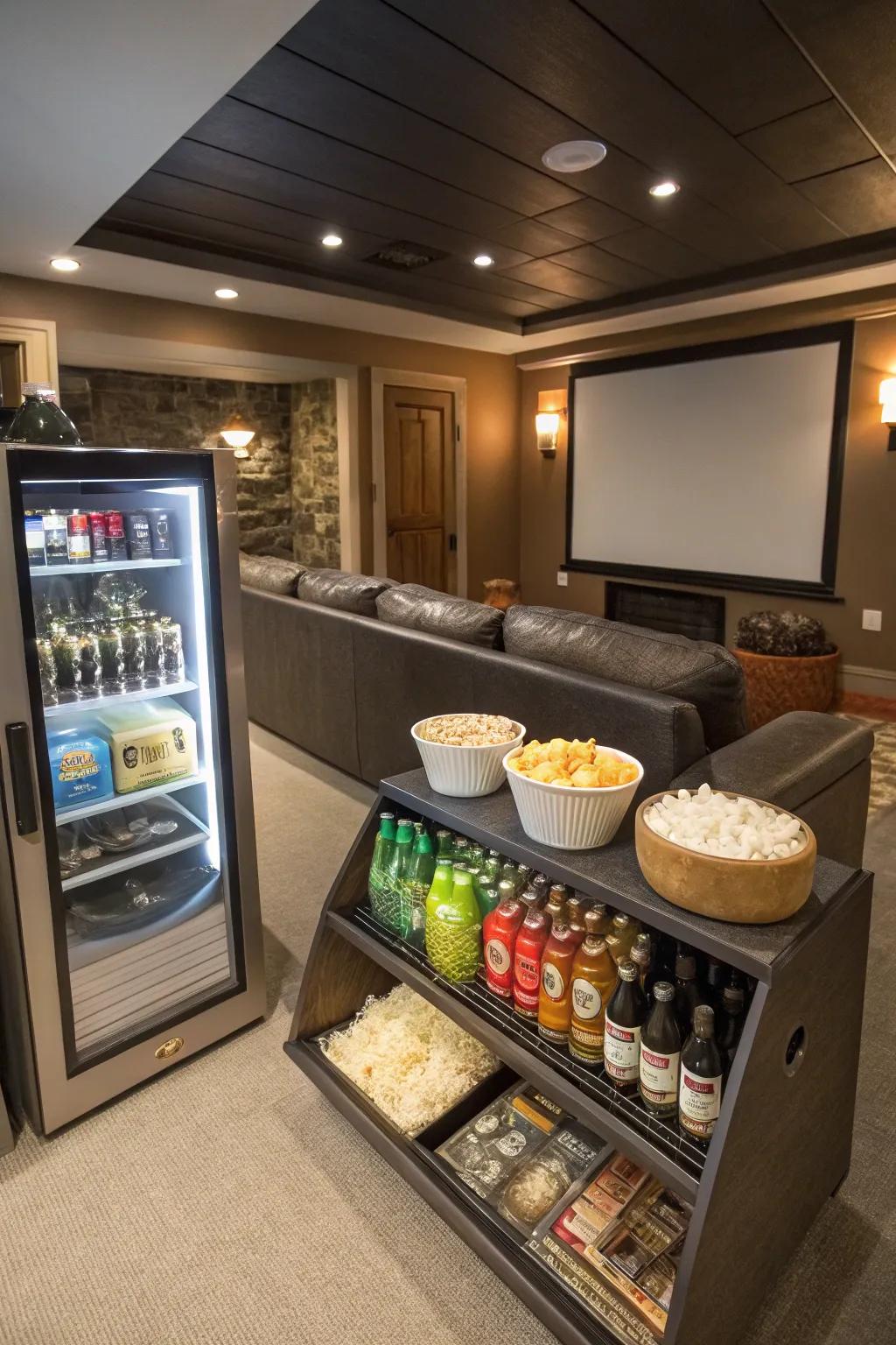A popcorn snack station enhances the movie feel.