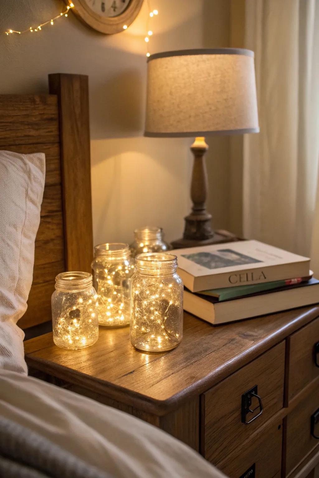 Glass jars filled with twinkle lights on a nightstand.