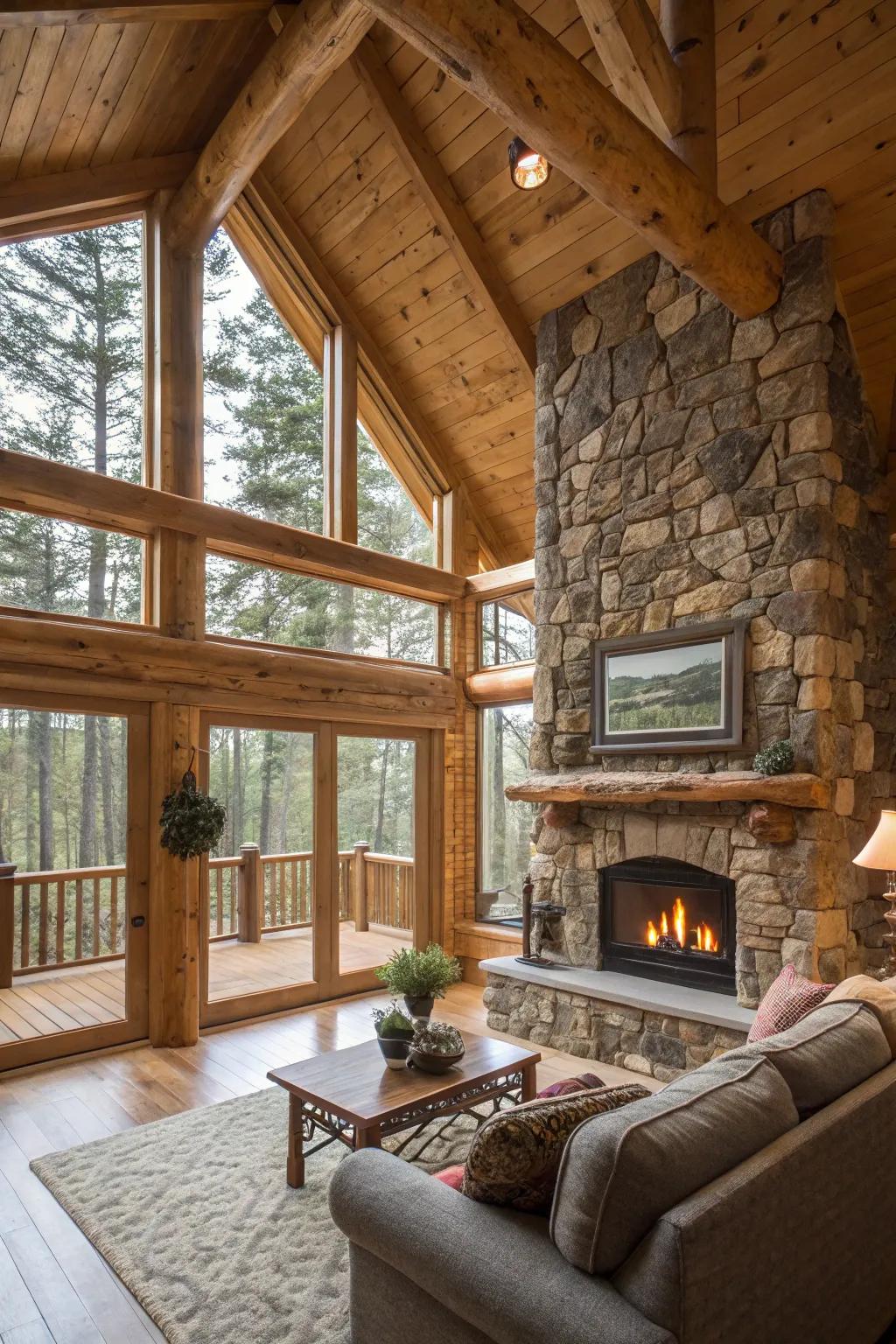 Open layouts in a log cabin interior enhance the feeling of spaciousness.