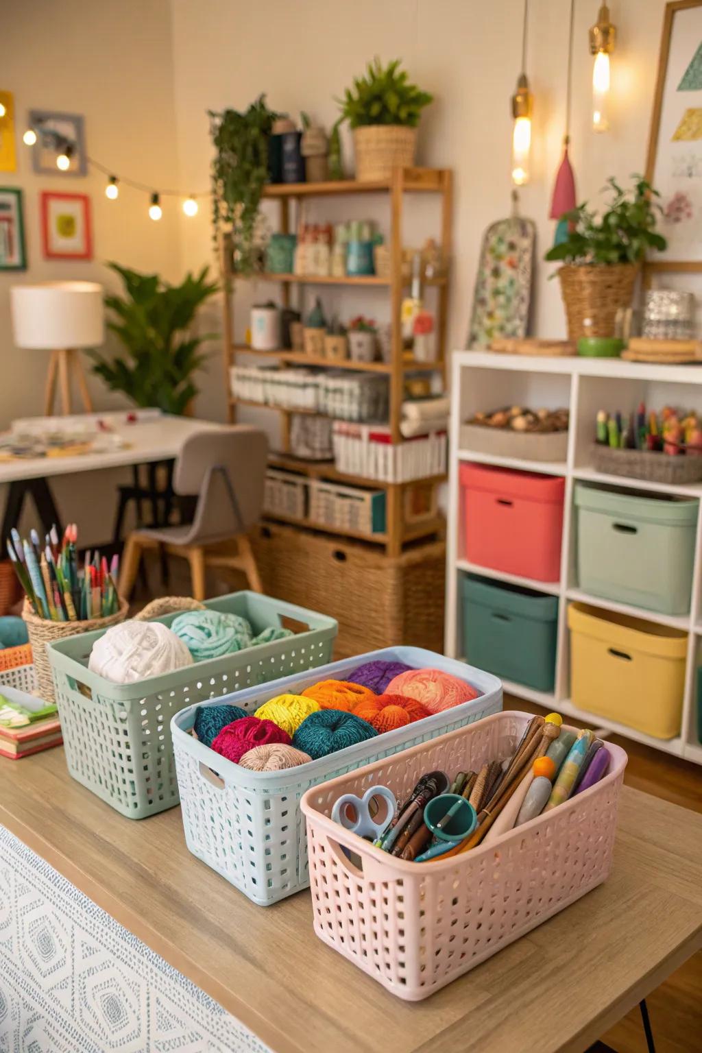 Baskets and bins facilitate efficient supply categorization and storage.