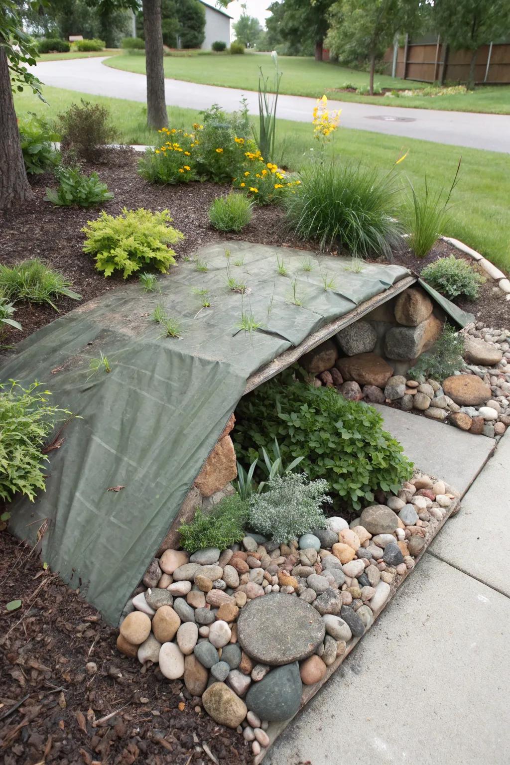 Crawl space cover cleverly concealed within the landscape design.