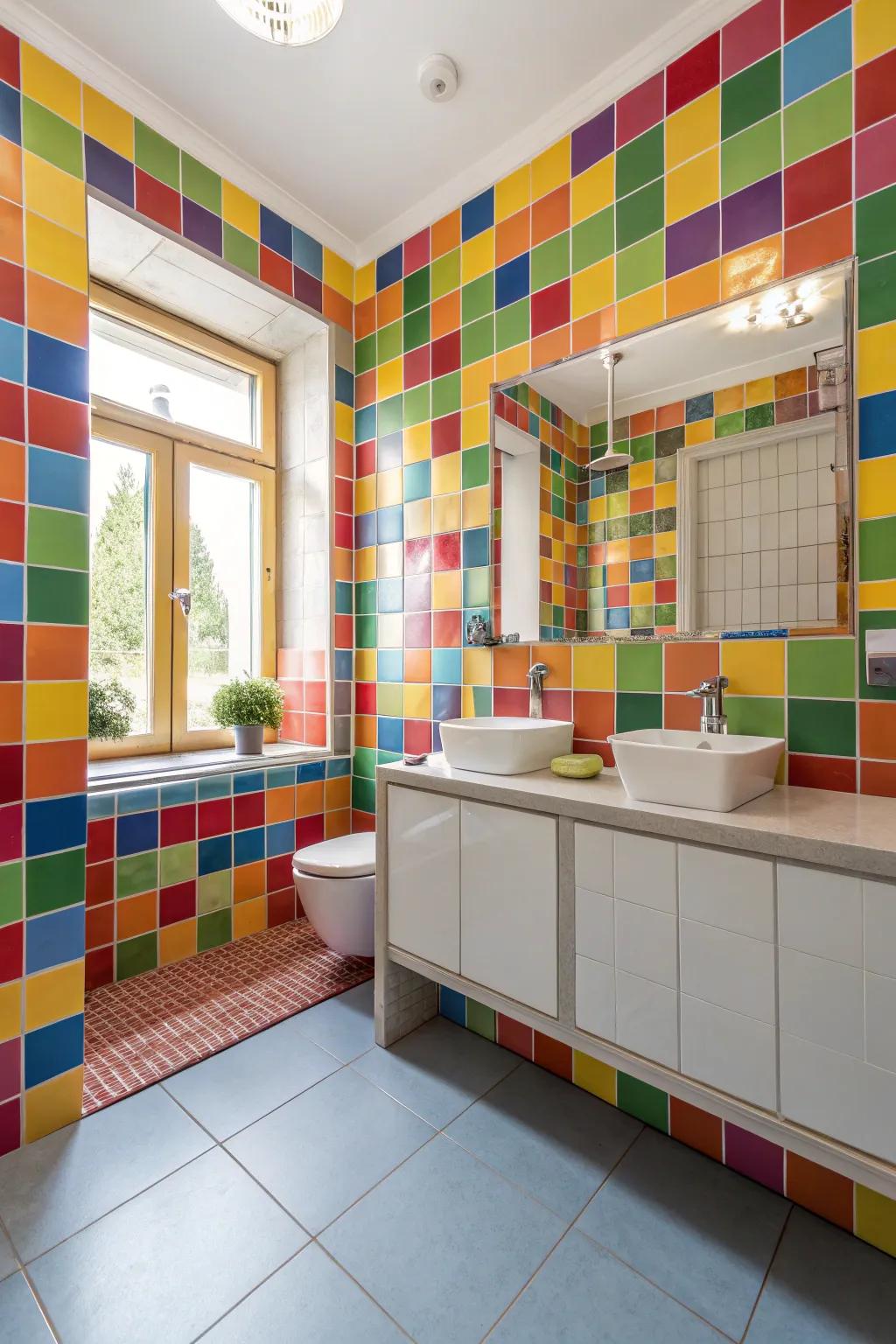 A bathroom designed with vibrant, multicolored tiles that boldly define the space.