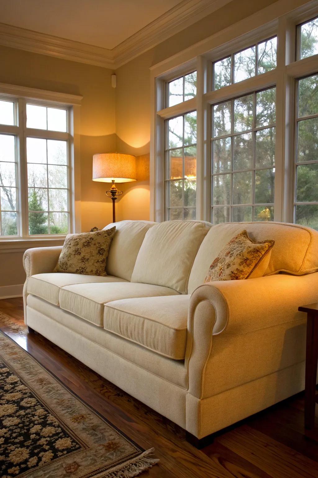 Warm lighting enhances the cozy appeal of a cream couch.