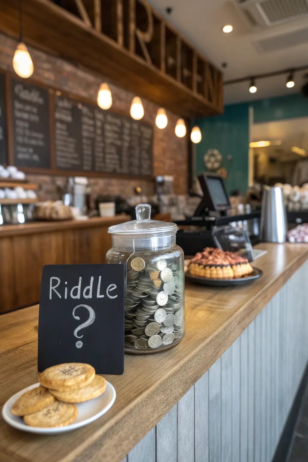 A tip container inviting patrons to solve a riddle