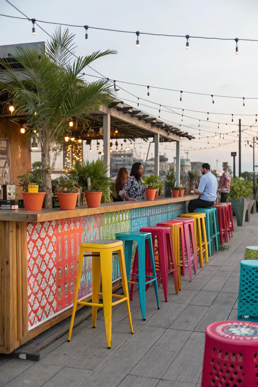 Vivid hues give a playful dash to this outdoor bar.