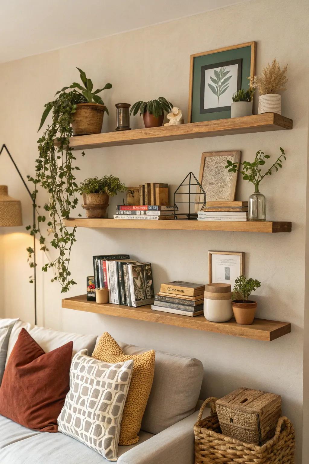 Floating ledges effortlessly exhibit decor and artistry.