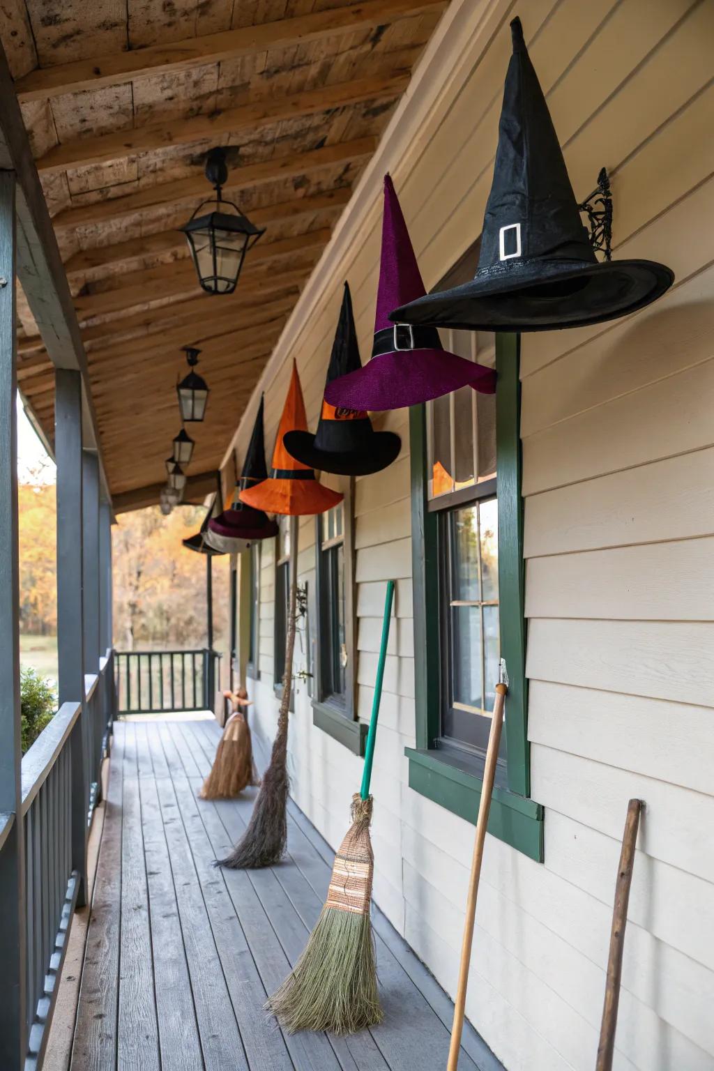 Sorceress bonnets and broomsticks cast a magical charm.