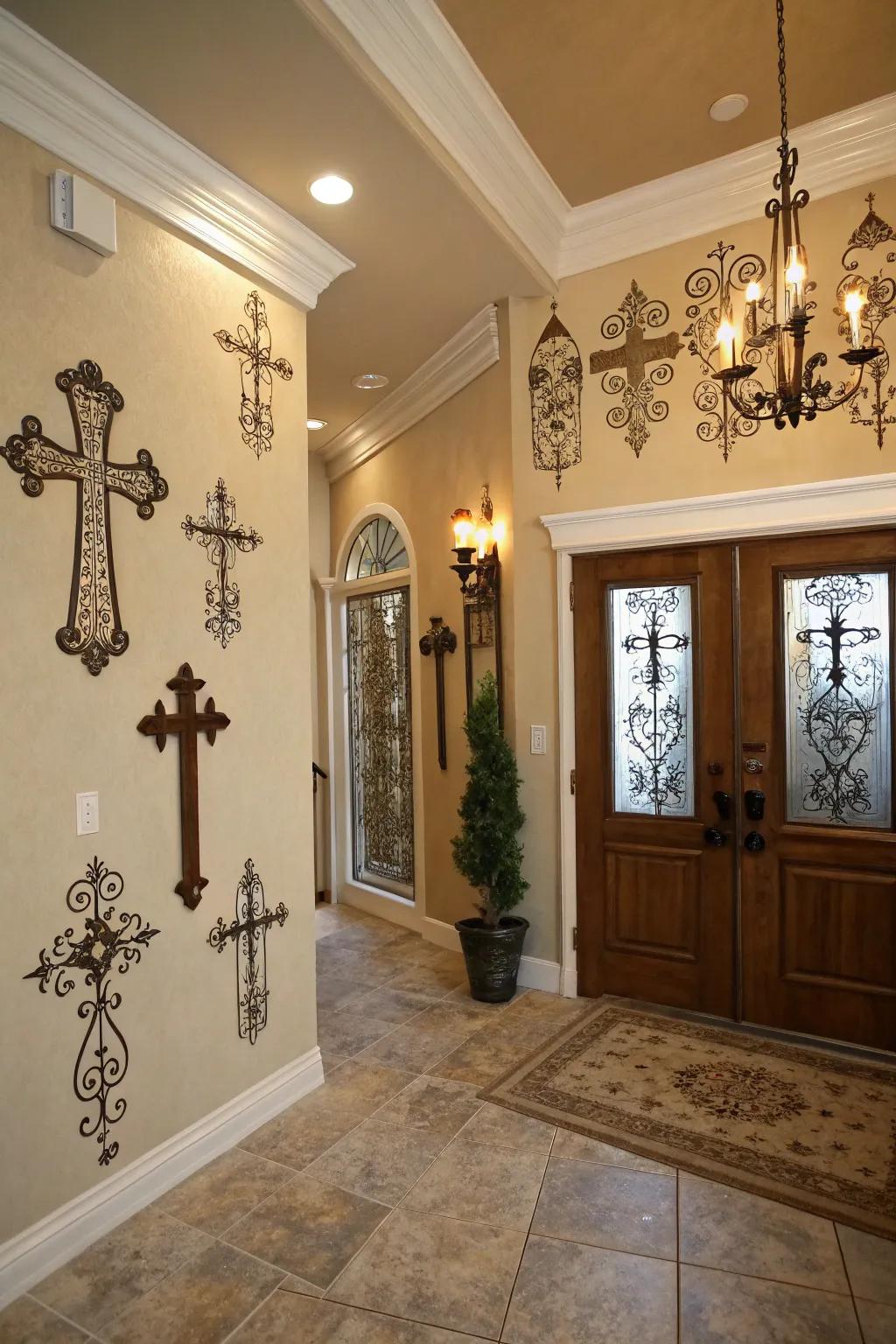 A welcoming foyer featuring cross adornment.