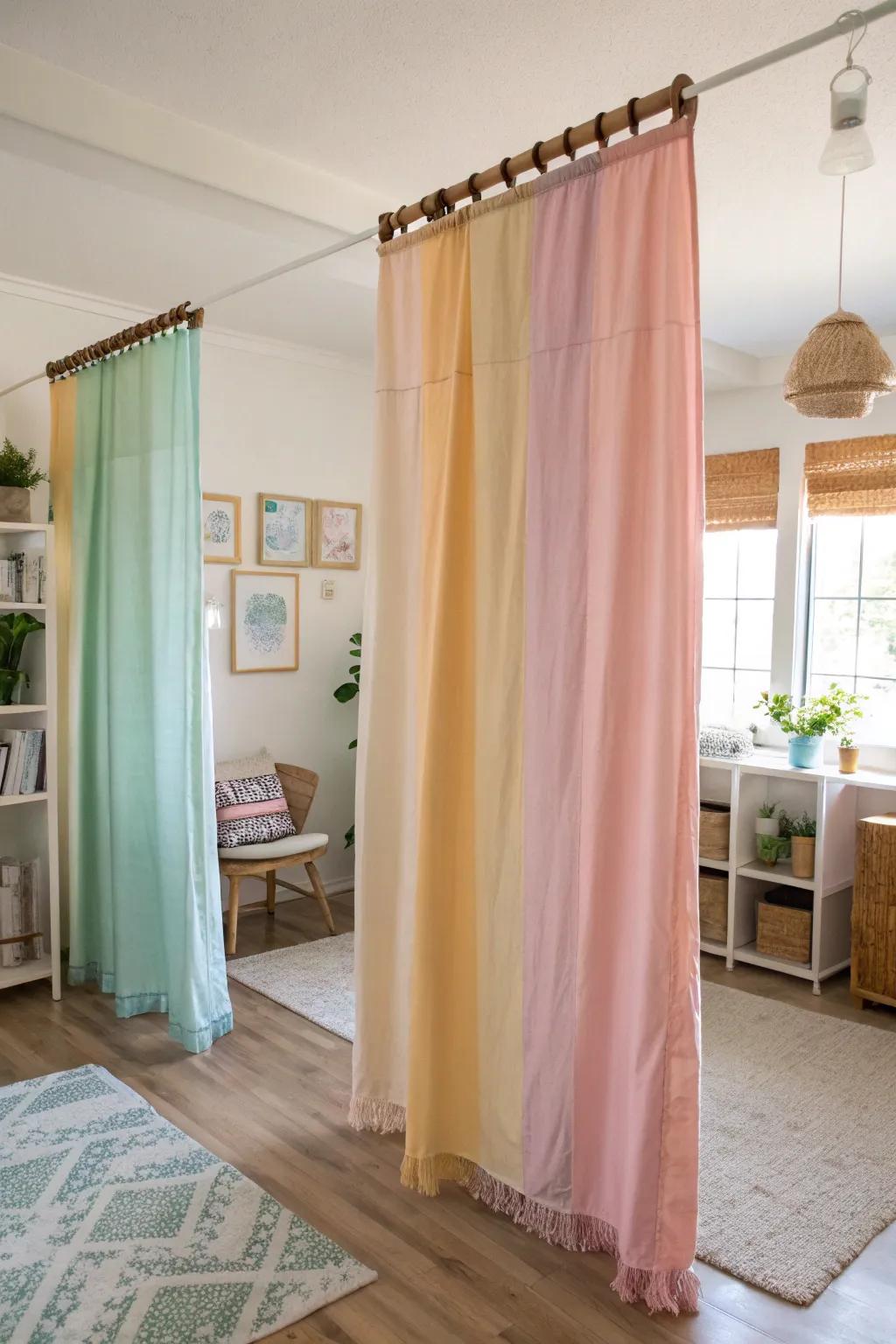 DIY curtain dividers add a personal artistic touch.