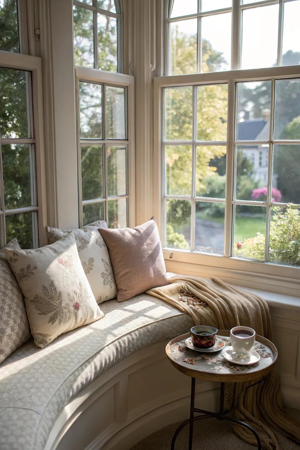 A peaceful relaxation nook in an arched bay window.