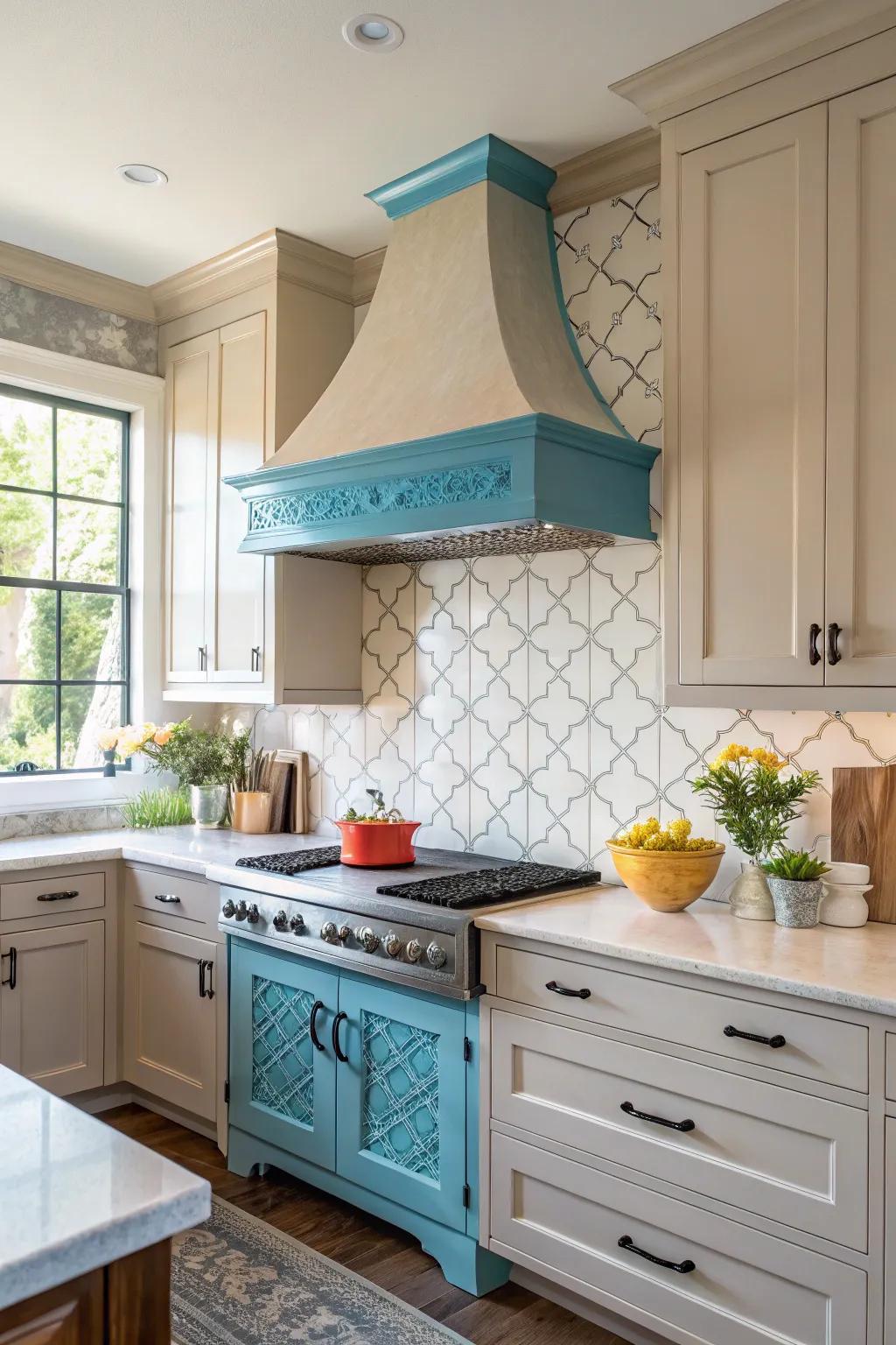 Vibrantly colored range hoods act as a lively focal point.