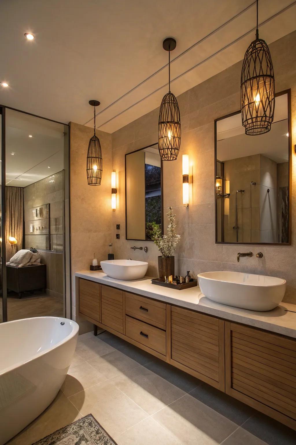 Contemporary illumination components enhance the setting of your bathroom.