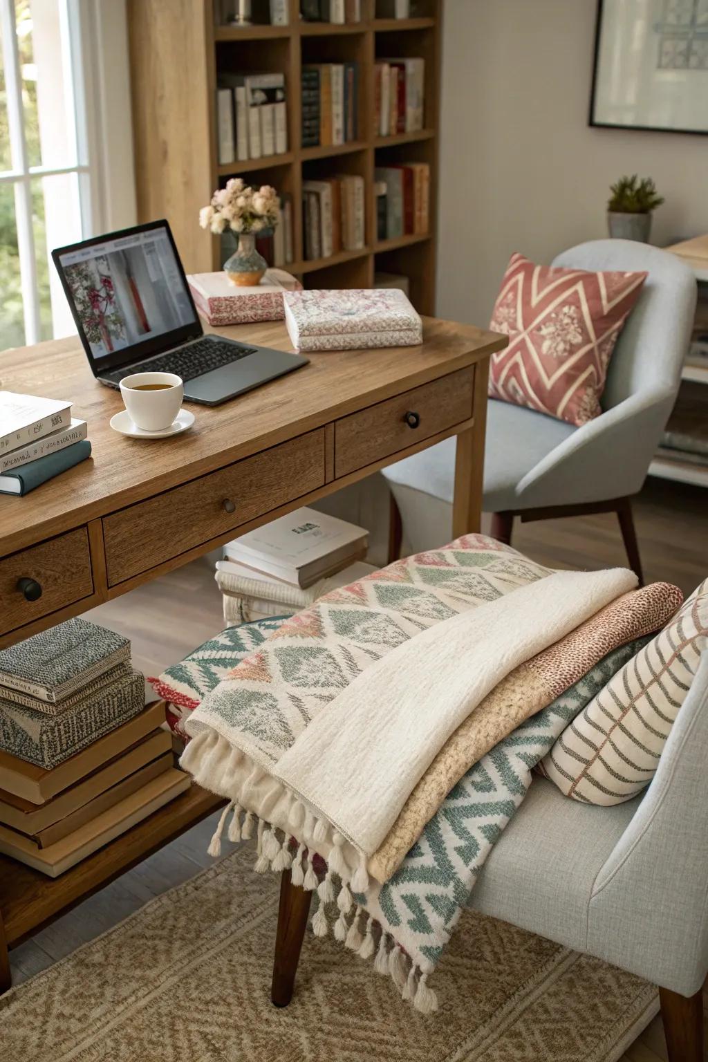 A desk incorporating layered textiles, creating a cozy and textured environment.