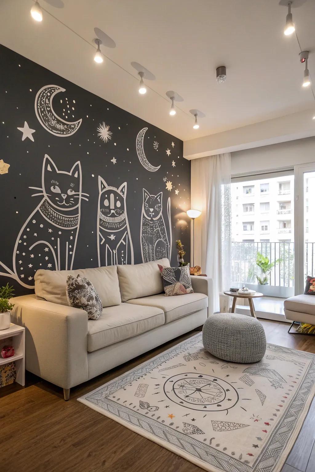 Starry cats contribute playful refinement to the family room.