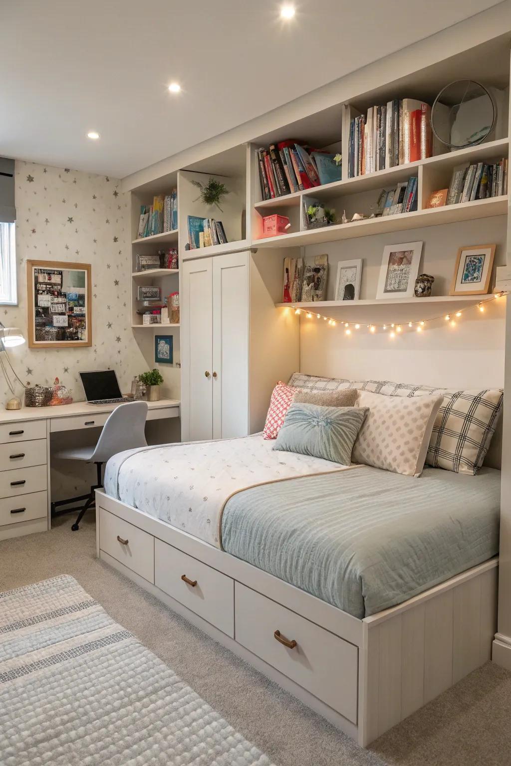 A practical teen room featuring functional furniture.