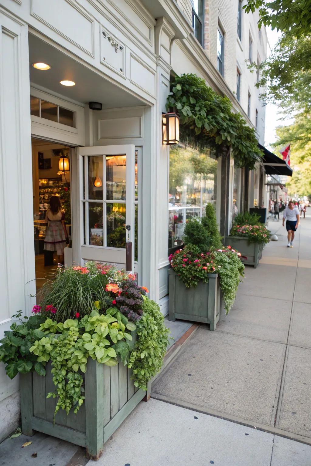 A shop front entrance delineated by lush cultivation boxes, imparting a natural nuance.